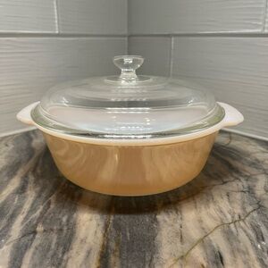 Vintage Fire King 1.5 qt Bowl Peach Gold Luster Casserole Dish W/ Lid made USA